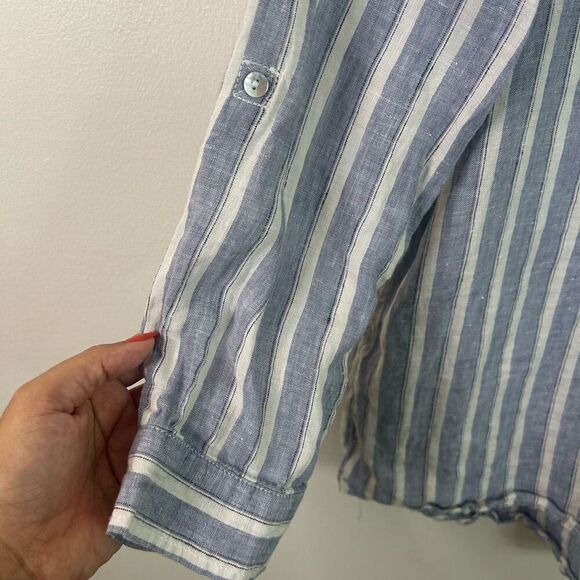 Nicole Miller 100% Linen Button Down Shirt M Blue White Stripe Roll Tab Sleeves - Picture 5 of 11